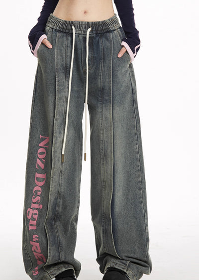 【NOONOZ】One-point pinky initial design wide blue denim pants  NN0002