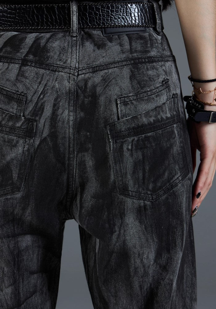 【NOMANIAI 】Dull black color wide flare silhouette design denim pants  NA0006