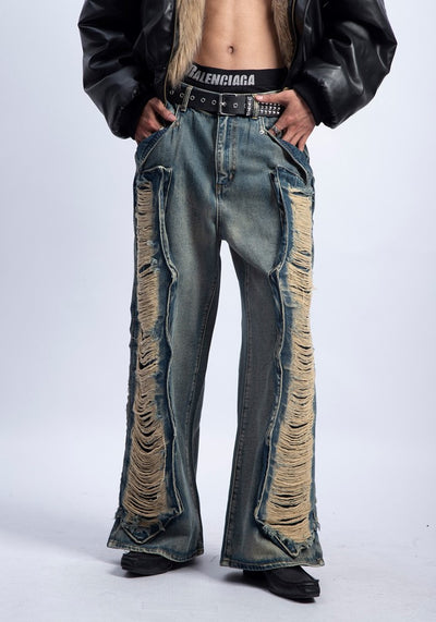 【PLAN1ONE】Side damage processing gimmick design wide straight denim pants  PL0038