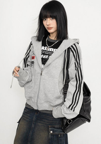 【ZERO STORE】Sideline basic grey design full zip short length hoodie  ZS0054