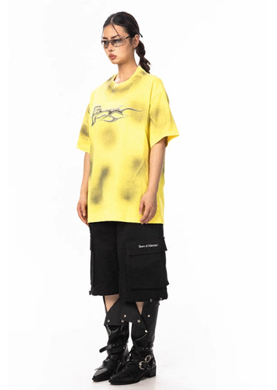 【BLACK BB】Futuristic initial design random wash short sleeve T-shirt  BK0016
