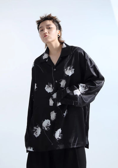 【GRNL】Random rose pattern design loose silhouette glossy long sleeve shirt  GN0006