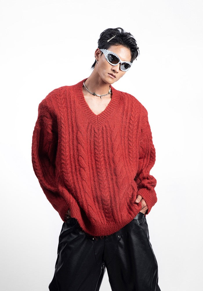 【PLAN1ONE】Simple baseline design V-neck silhouette knit sweater  PL0050