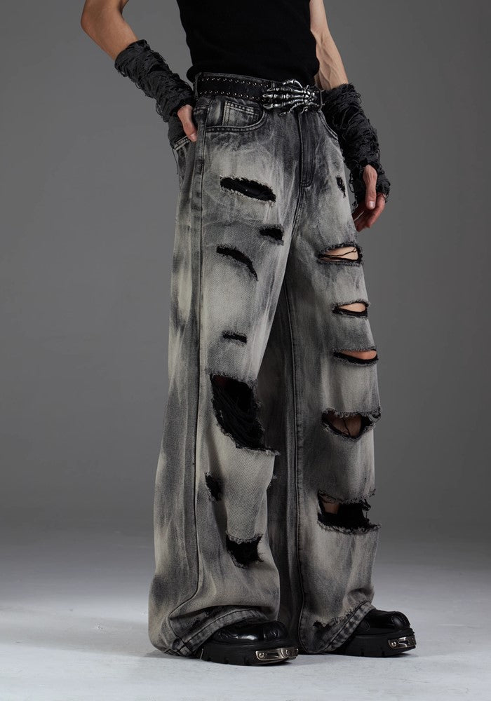 【NOMANIAI 】Full Basic Dark Distressed Gray Denim Pants  NA0010