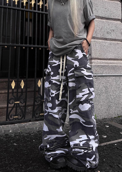 【TR BRUSHSHIFT】Random camouflage design wide silhouette cargo pants  TB0043