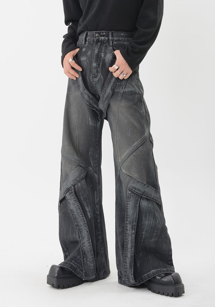 【LUCE GARMENT】Full line design dark dull design wide flare denim pants  LG0059