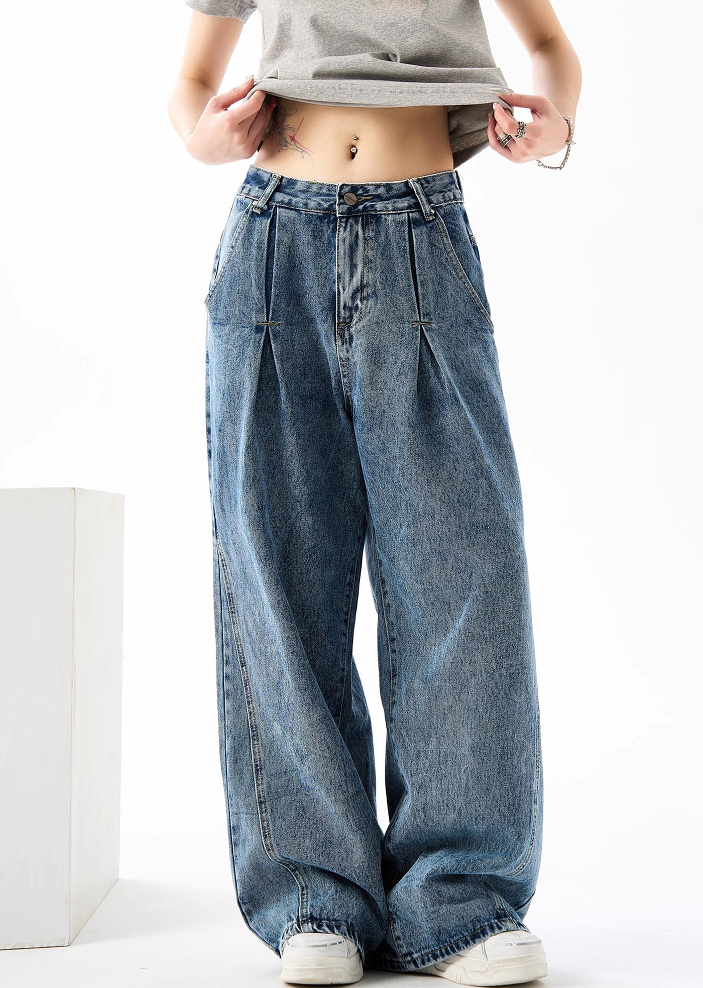 【H GANG X】Gimmick tuck over wide straight silhouette denim pants  HX0070