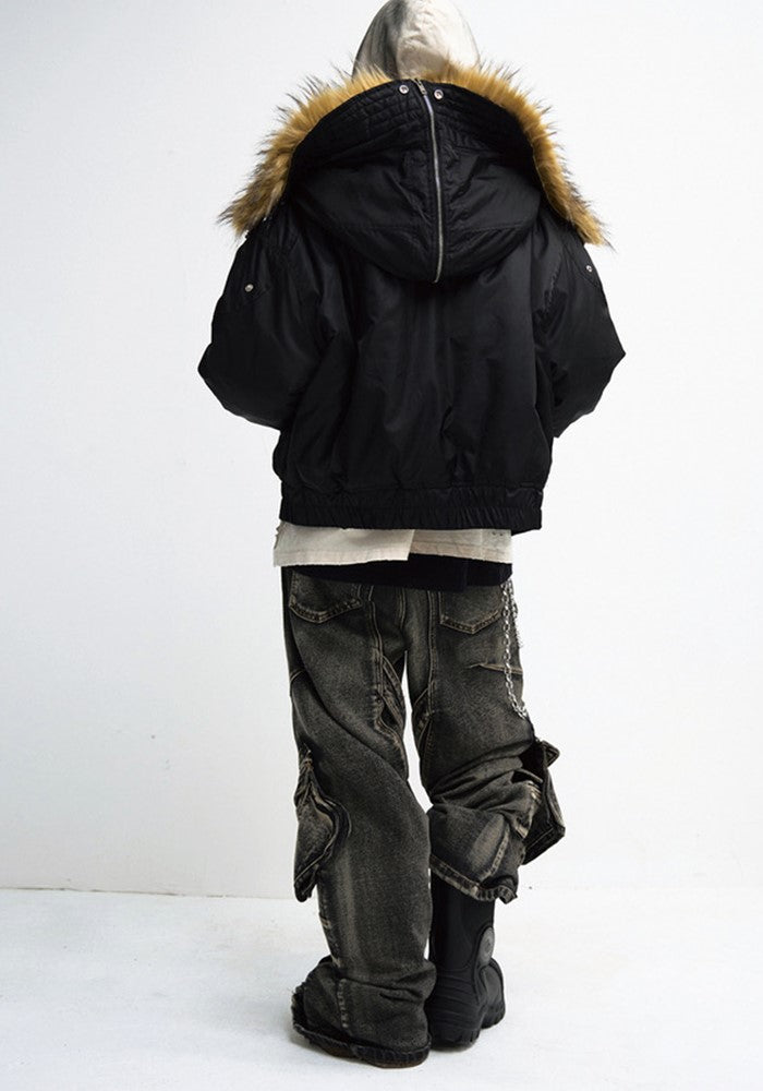 【People Style】Faux fur hood design double gimmick belt type jacket outerwear  PS0051