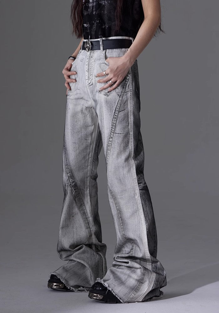 【NOMANIAI 】Tuck design white base color flare straight denim pants  NA0003