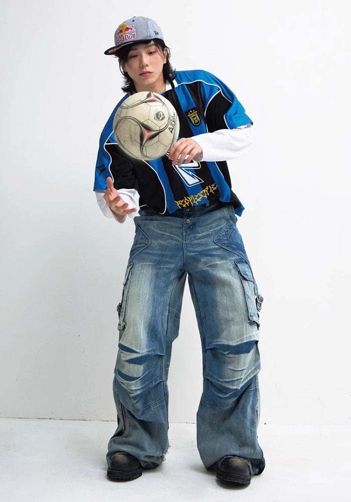 【People Style】Wide base gimmick cargo point mid-wash denim pants  PS0043