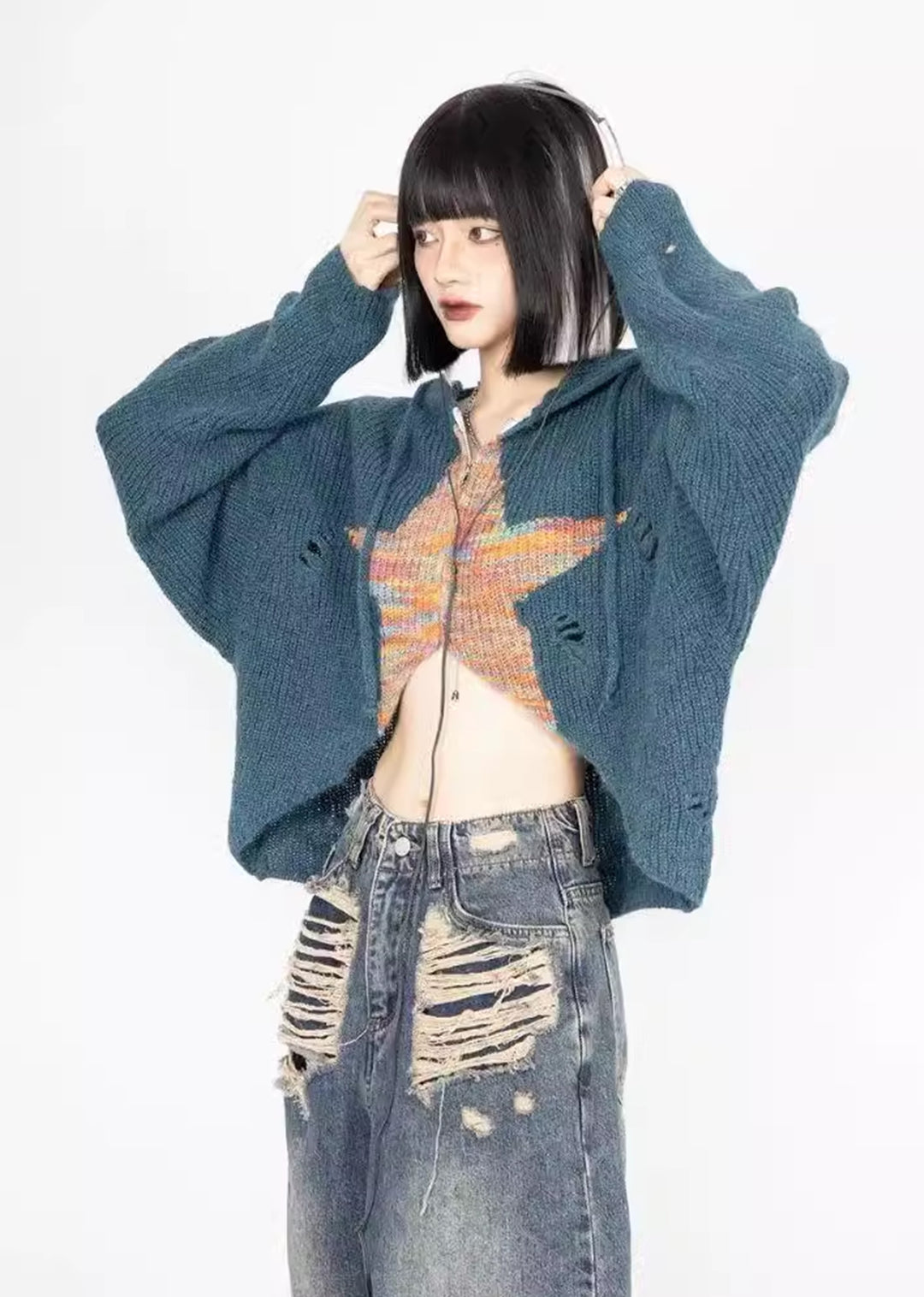 ZERO STORE] Grunge star design short sleeve full zip hoodie ZS0032