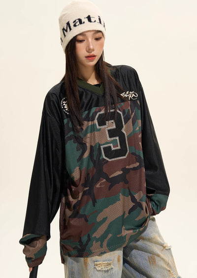 【H GANG X】Front number initial camouflage bicolor design long sleeve T-shirt  HX0078