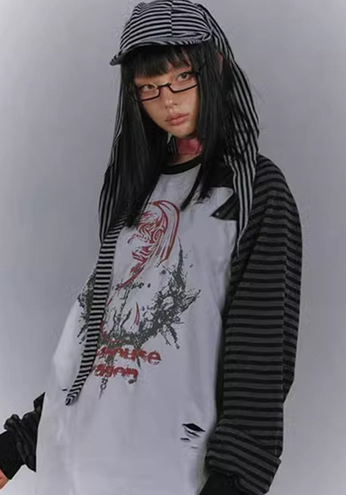 【YUKAHOUSE 】Subculture front design bicolor style long sleeve T-shirt  YO0012