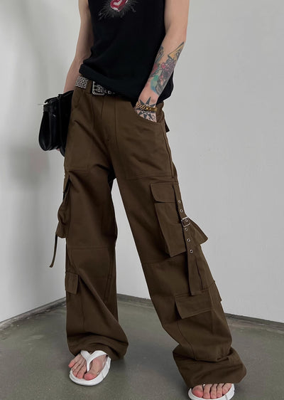 【SOULWORKER】Side suspender design wide style loose cargo pants  SW0029