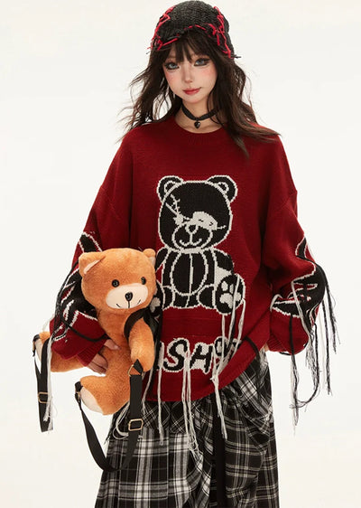 【Eleven shop97】Subculture bear illustration front design red knit sweater  ES0030