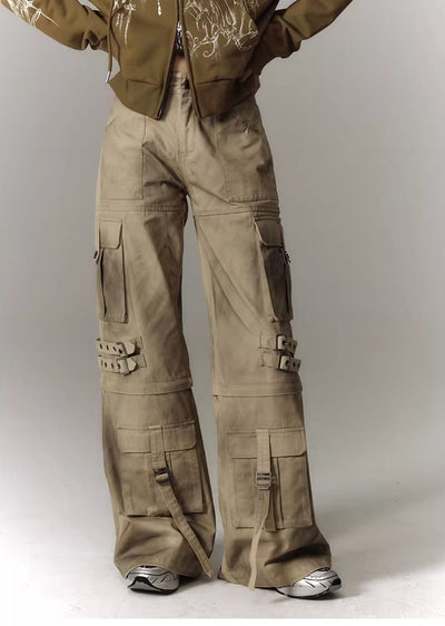【YUKAHOUSE 】Dull design full stain wide silhouette suspender cargo pants  YO0006