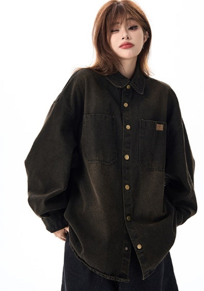 【H GANG X】Simple basic casual design mid-wash denim long sleeve shirt  HX0096