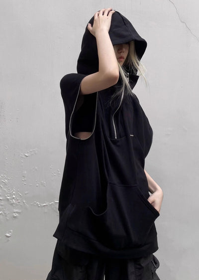 【8/12新作】Double gimmick design simple black sleeveless hoodie  HL3070