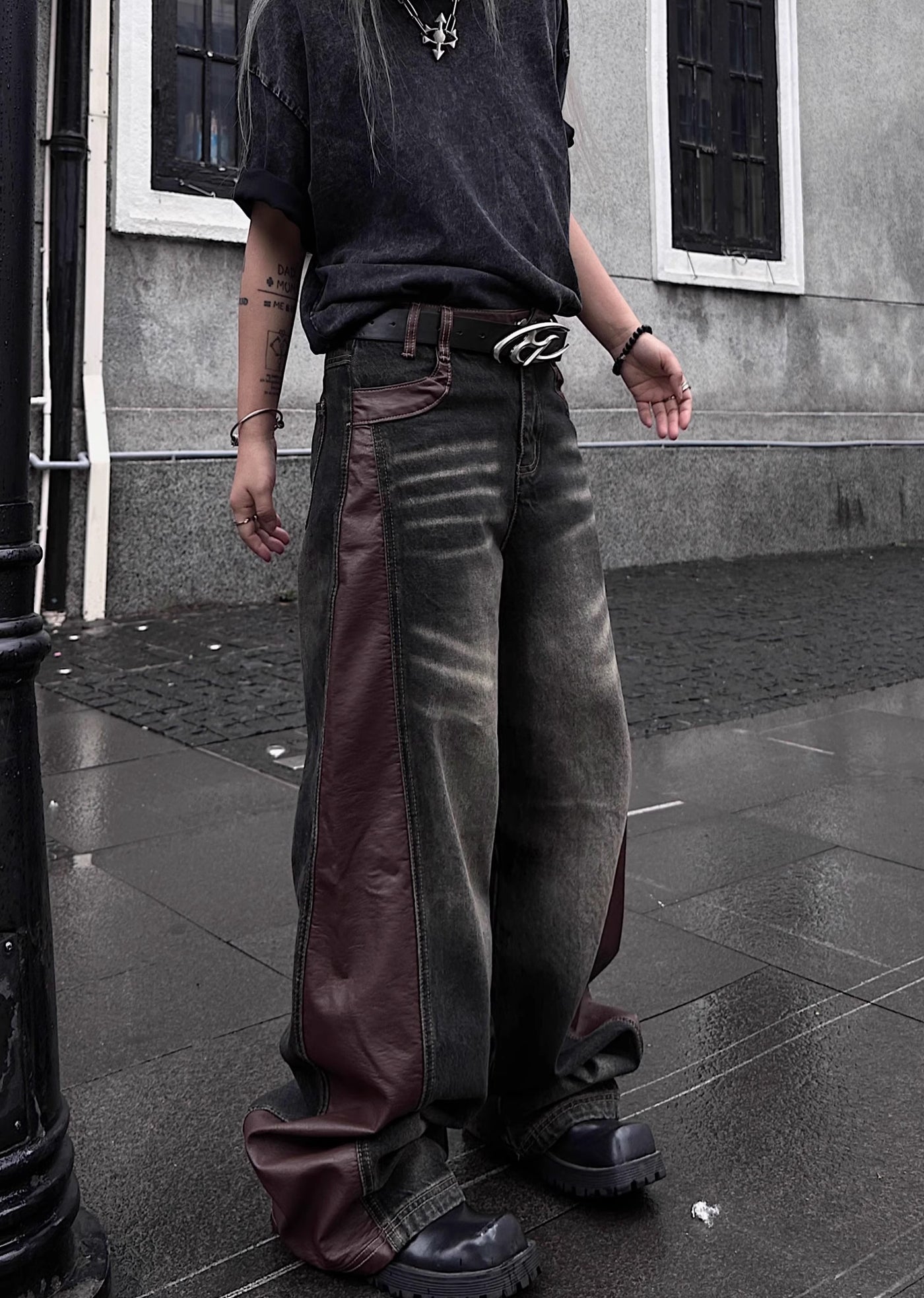 【TR BRUSHSHIFT】Side leather collar design denim wide pants  TB0045