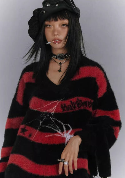 【YUKAHOUSE 】Subculture style spider design red border knit  YO0013