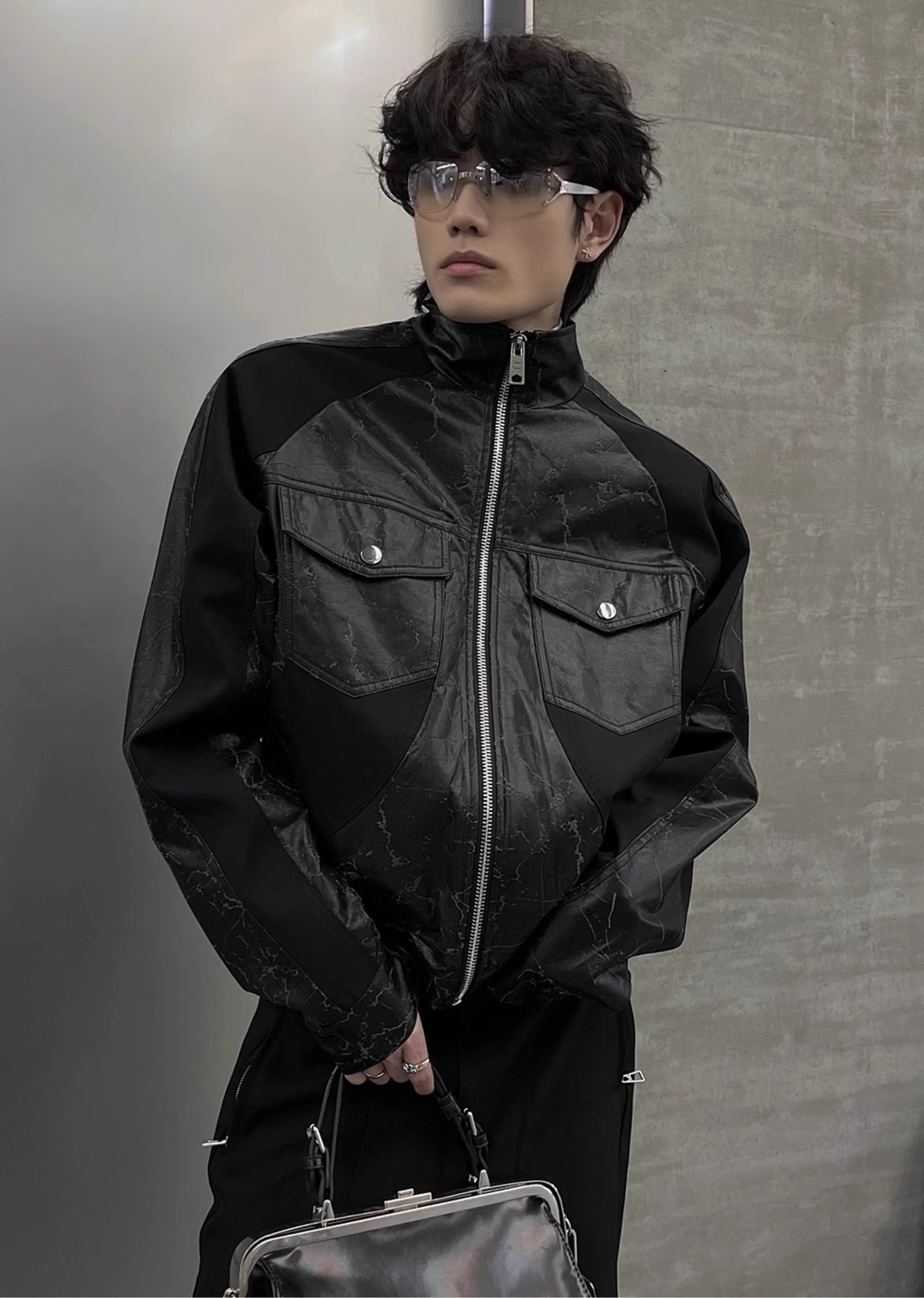 【SOULWORKER】Black Gimmick Leather Wide Full Zip Jacket Outerwear  SW0019