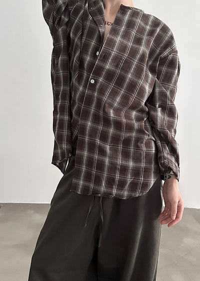 【Very Fewest】Natural U-neck design basic check long sleeve shirt  VF0032