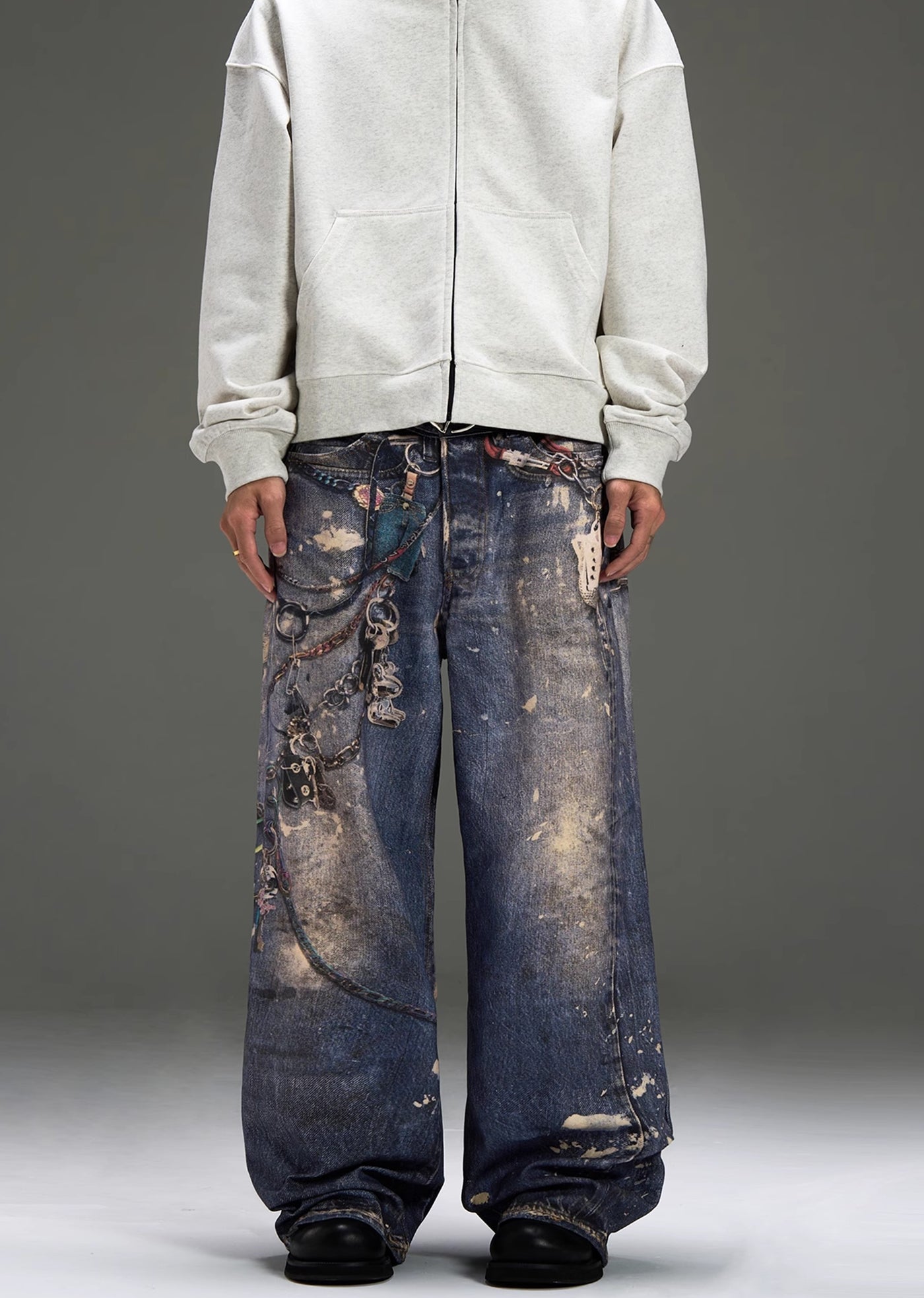 【MAXDSTR】Multi-illustration design changing silhouette dull denim pants  MD0168