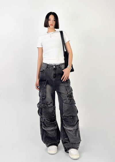【4/29新作】Countless pocket design dull color wide bold denim pants  HL3040