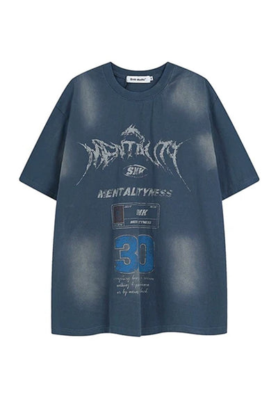 【MR nearly】Grunge wash multi-point initial design short sleeve T-shirt  MR0120