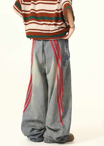 Double Red Line Design Washed Denim Pants  HL3060