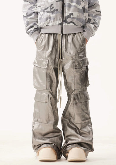 【BTSG】Metallic silver glossy design wide over cargo pants  BS0043