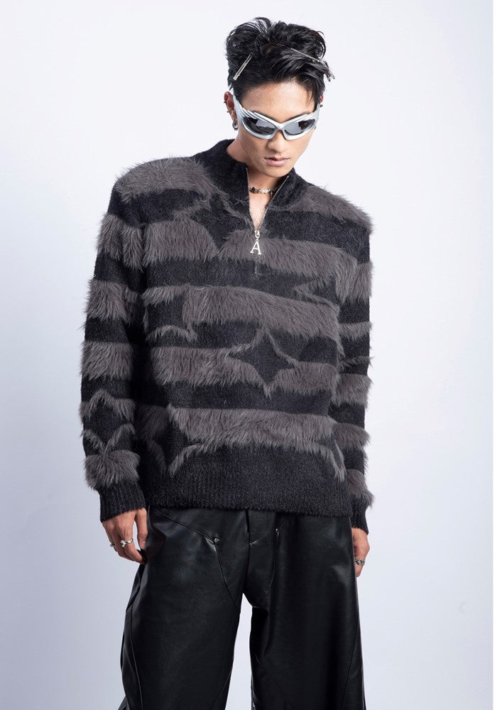 【PLAN1ONE】Scattered star pattern design border silhouette knit sweater  PL0049