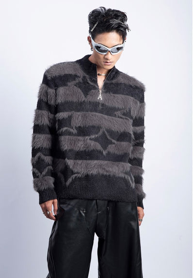 【PLAN1ONE】Scattered star pattern design border silhouette knit sweater  PL0049