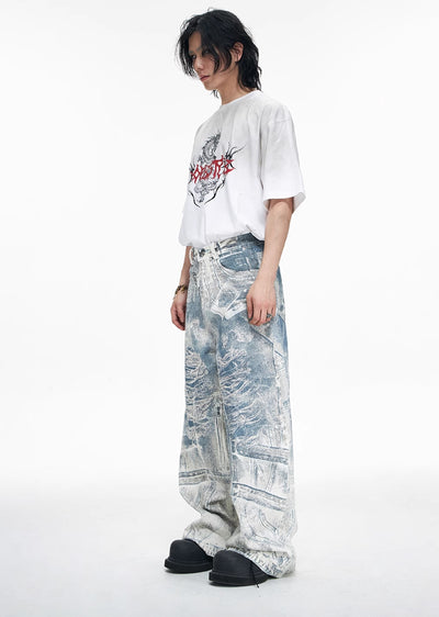 【People Style】Random wash gimmick damage design blue denim pants  PS0028