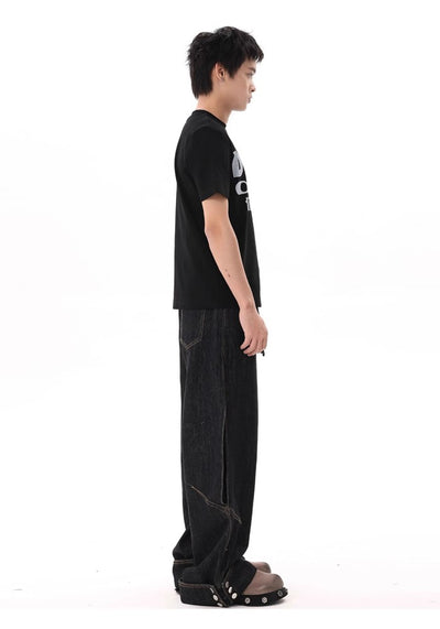 【BTSG】Hem patch design basic wide straight denim pants  BS0027