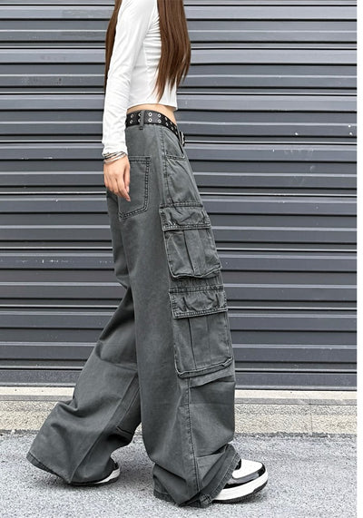 【W3】Double pocket wide silhouette base muted color cargo pants  WO0082