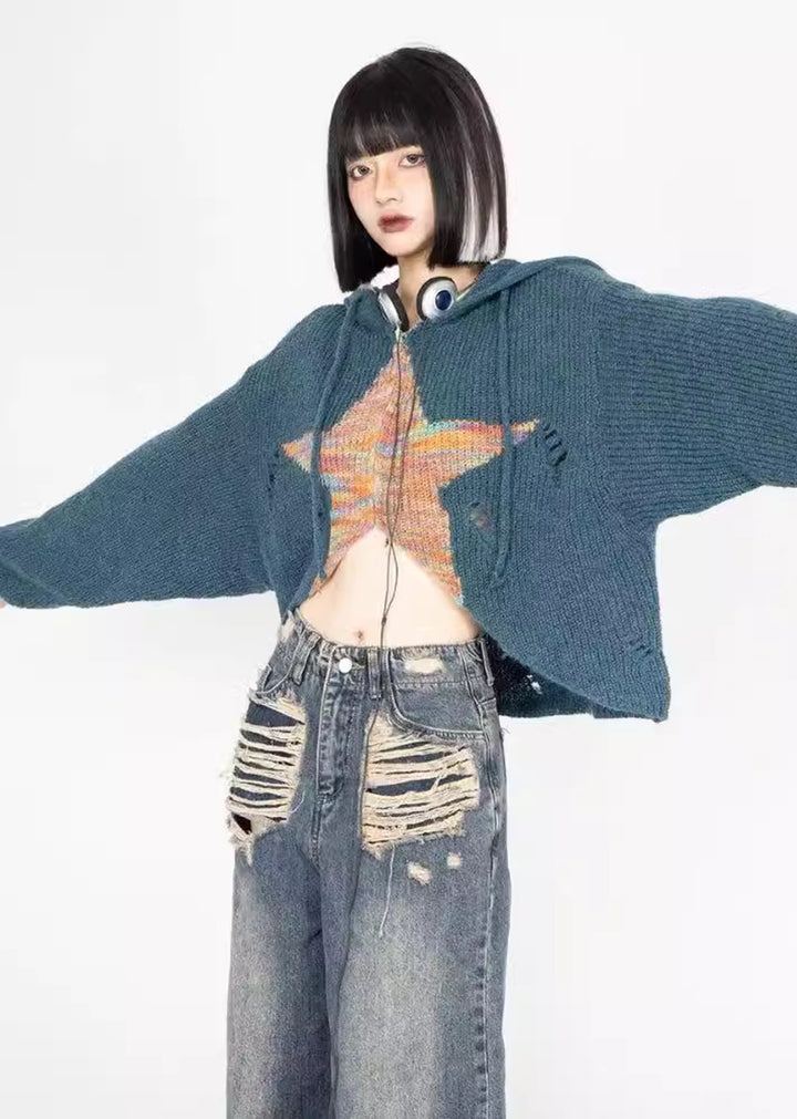 ZERO STORE] Grunge star design short sleeve full zip hoodie ZS0032