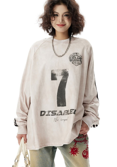 【H GANG X】Side line front number design loose long sleeve T-shirt  HX0101