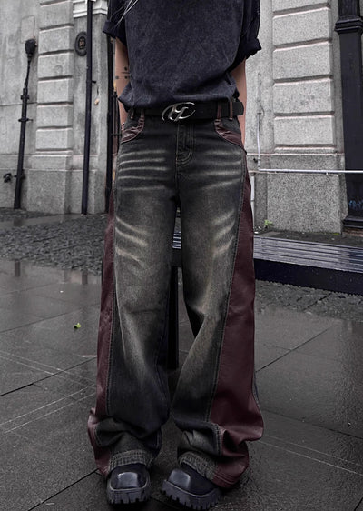 【TR BRUSHSHIFT】Side leather collar design denim wide pants  TB0045