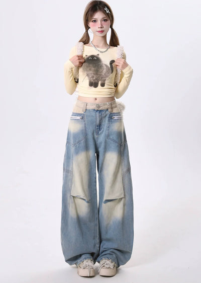 【Rayohopp】Fully washed design gimmick silhouette denim pants  RH0125