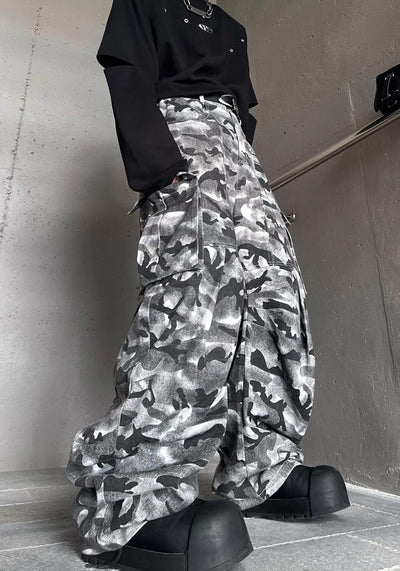 【MARTHENAUT】Dark monotone camouflage color design wide cargo pants  MH0039