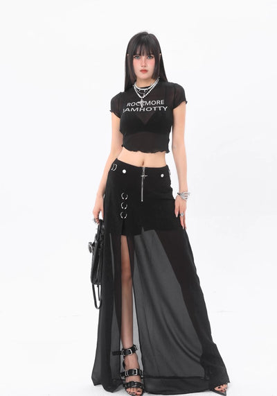 【ROY11】See-through design flared over silhouette black skirt  RY0012