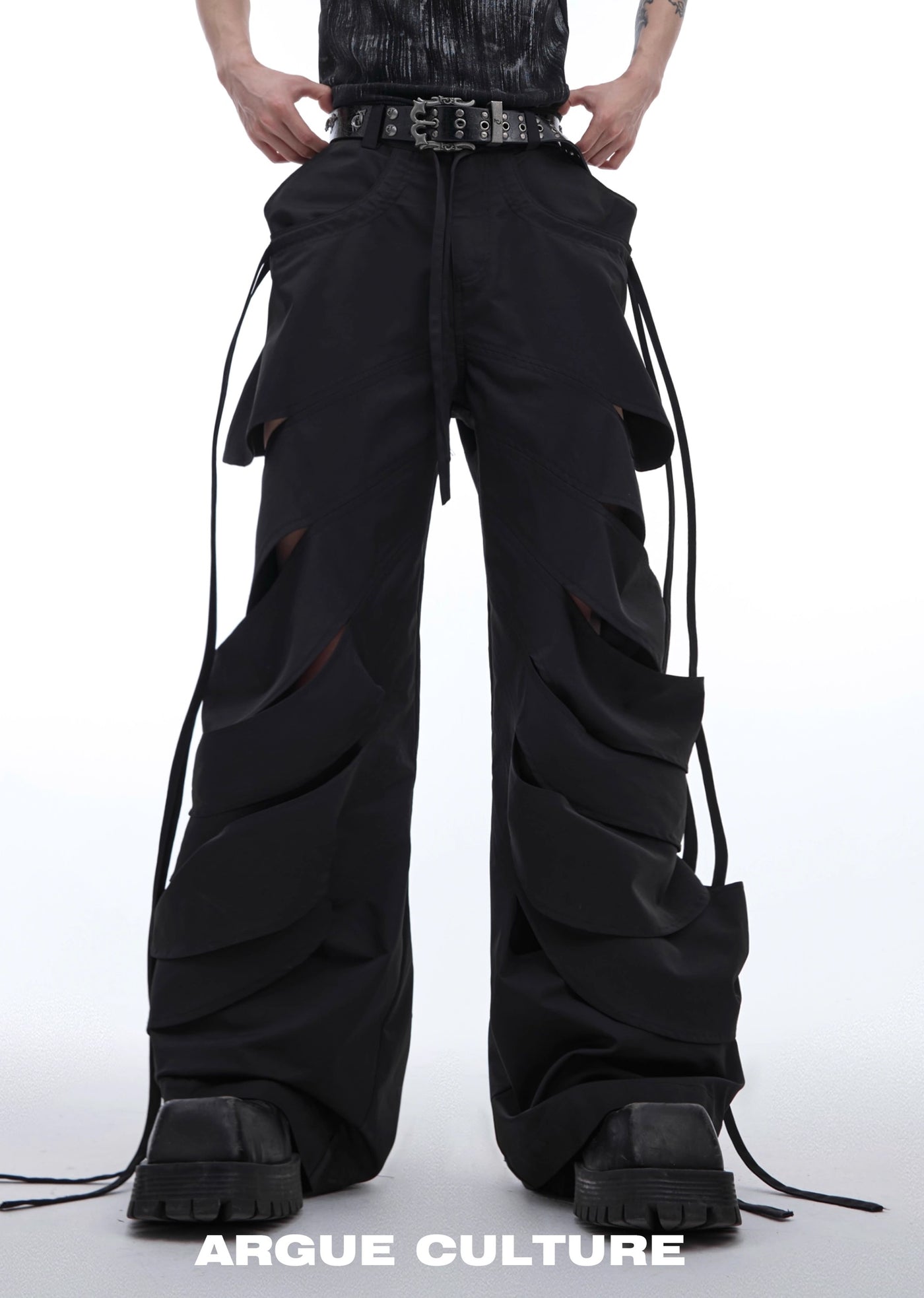 【Culture E】Countless Cut Wide silhouette multi-varied design slacks leather pants  CE0145