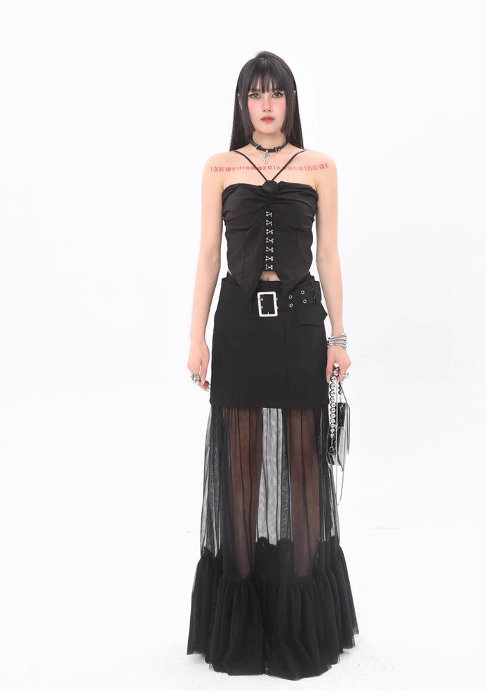 【ROY11】See-through design double black front flare silhouette skirt  RY0011