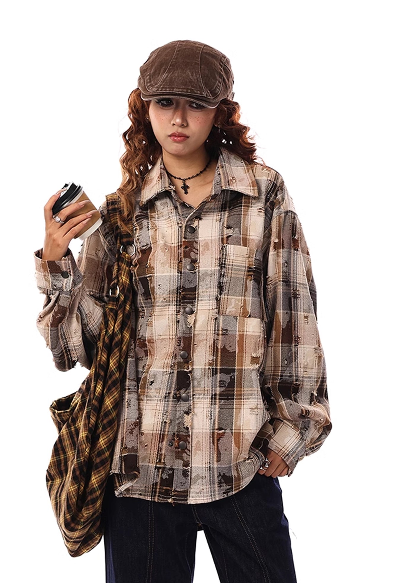 【VINMUK】Regular design random paint over check long sleeve shirt  VM0006