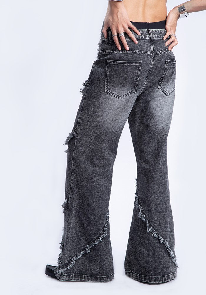 【PLAN1ONE】Double fringe distressed design washed denim pants  PL0047