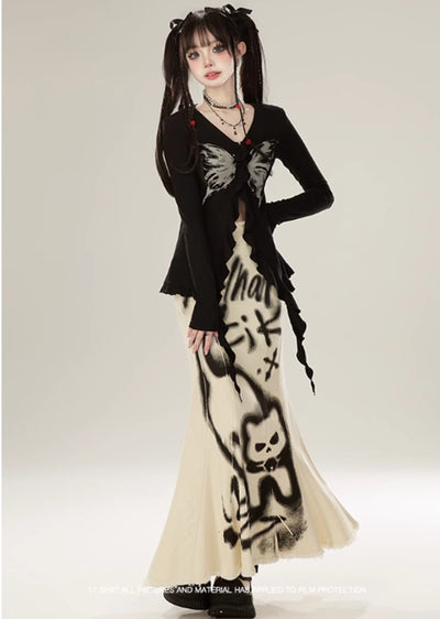 [Eleven shop97] Painted cat design menacing countless flare skirt ES0019