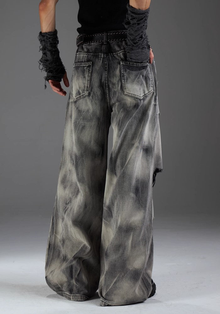 【NOMANIAI 】Full Basic Dark Distressed Gray Denim Pants  NA0010