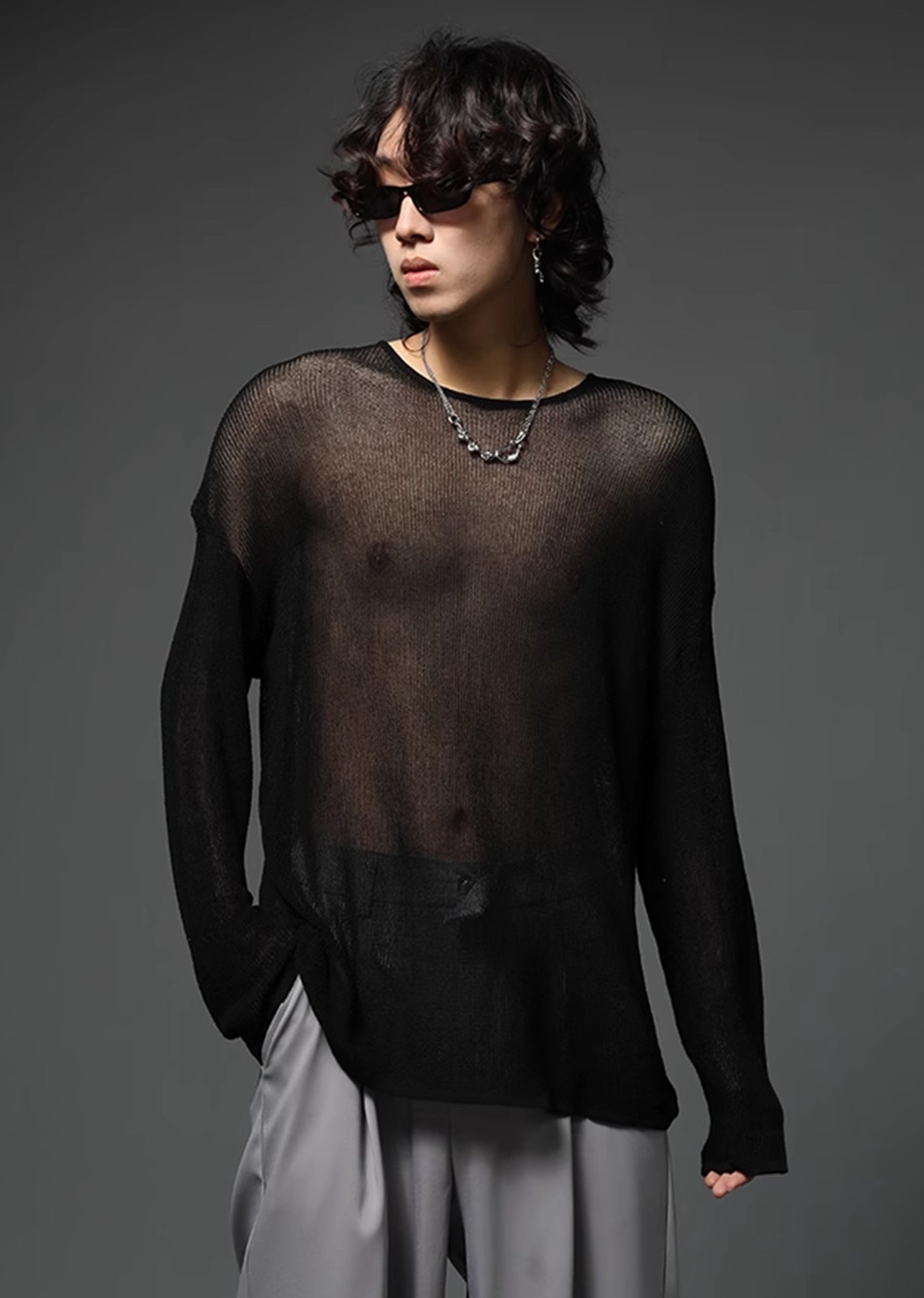 【Future Boy】Translucent sexy wide neck silhouette long sleeve T-shirt  FB0003