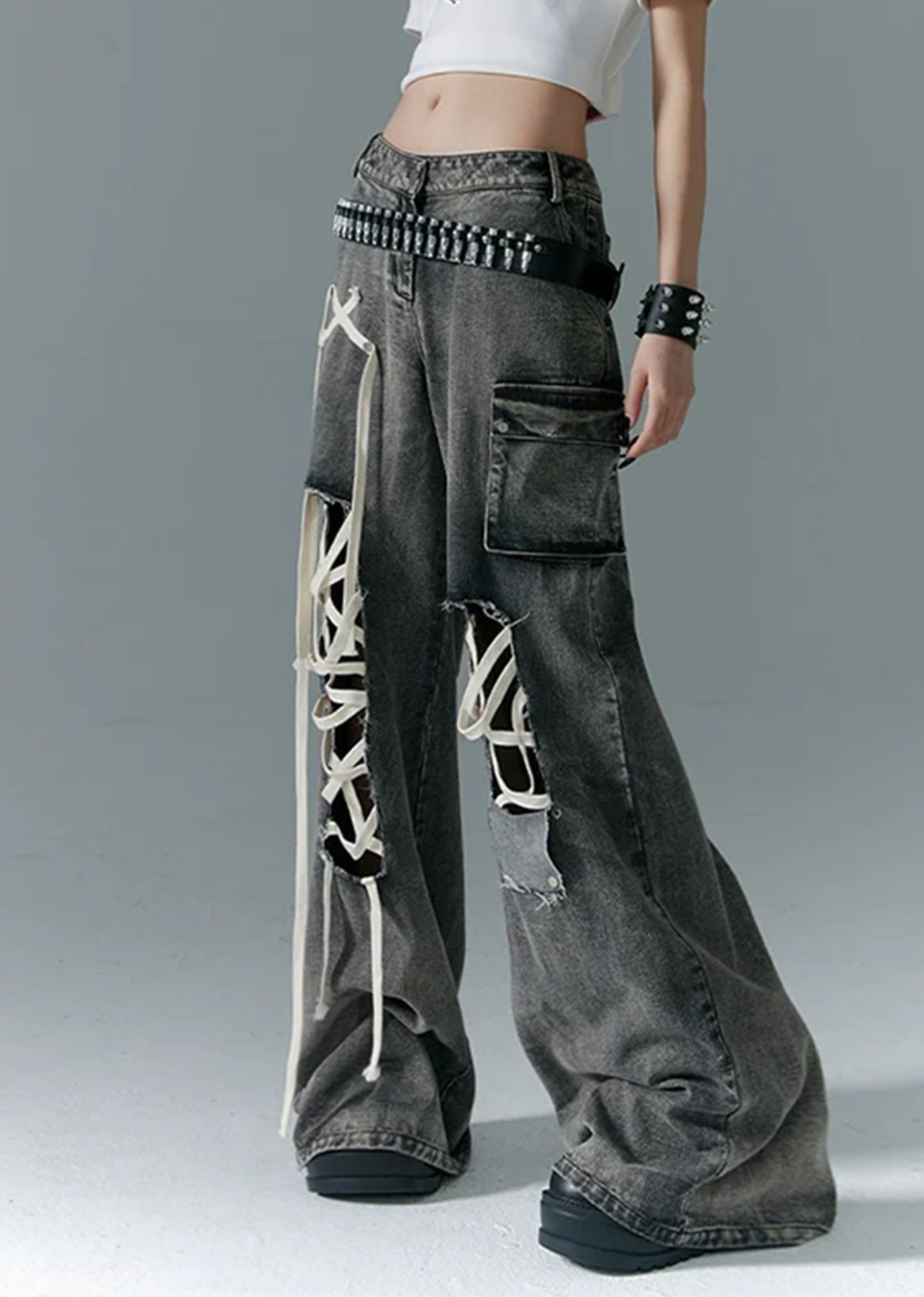 Overalls Gimmick Damaged Design Dull Color Denim Pants  HL3072